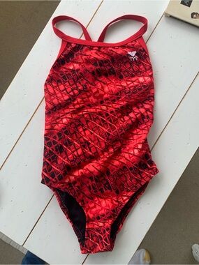 TYR Red and Black Geo-Print Training One-Piece girks 14/16